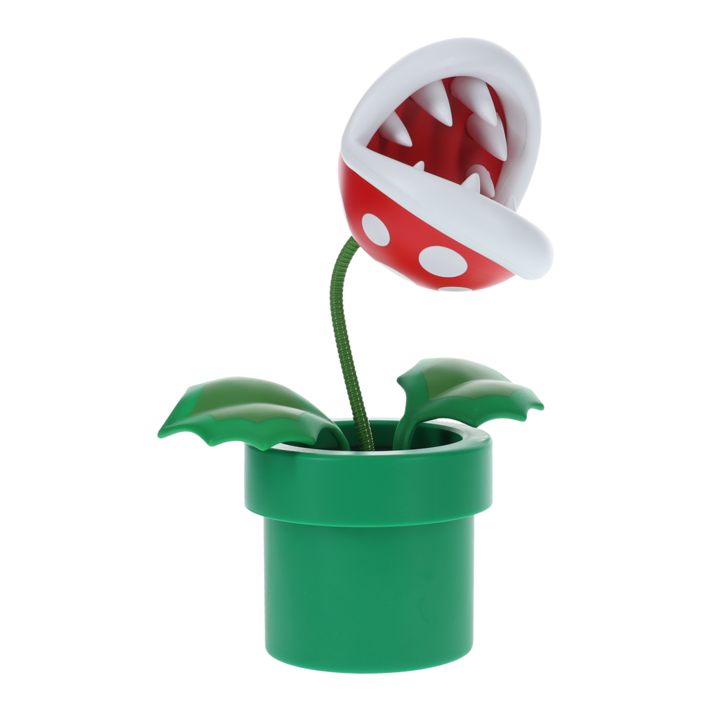 Super Mario -peleistä tuttu punavalkoinen Piraijakasvi vihreässä putkessa toimimassa pöytälamppuna.