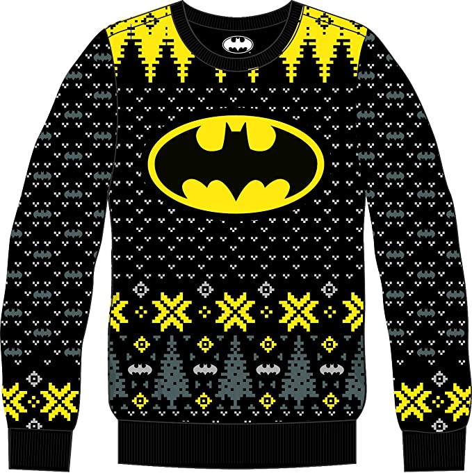 Musta-harmaa Batman jouluneule, jossa on ikoninen Batman-logo ja perinteisiä neulekuvioita.
