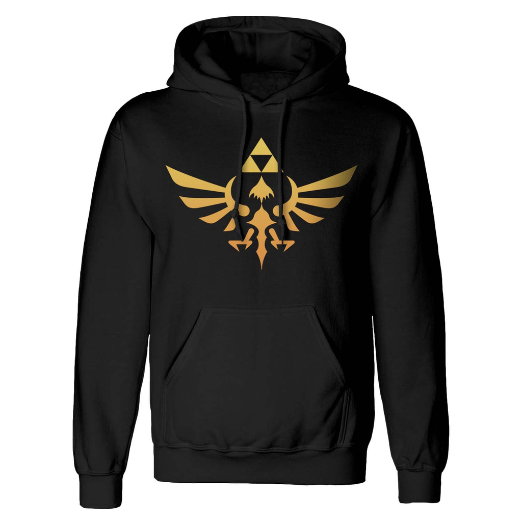 Musta huppari, jonka rinnassa on kultainen The Legend of Zelda Triforce -logo.