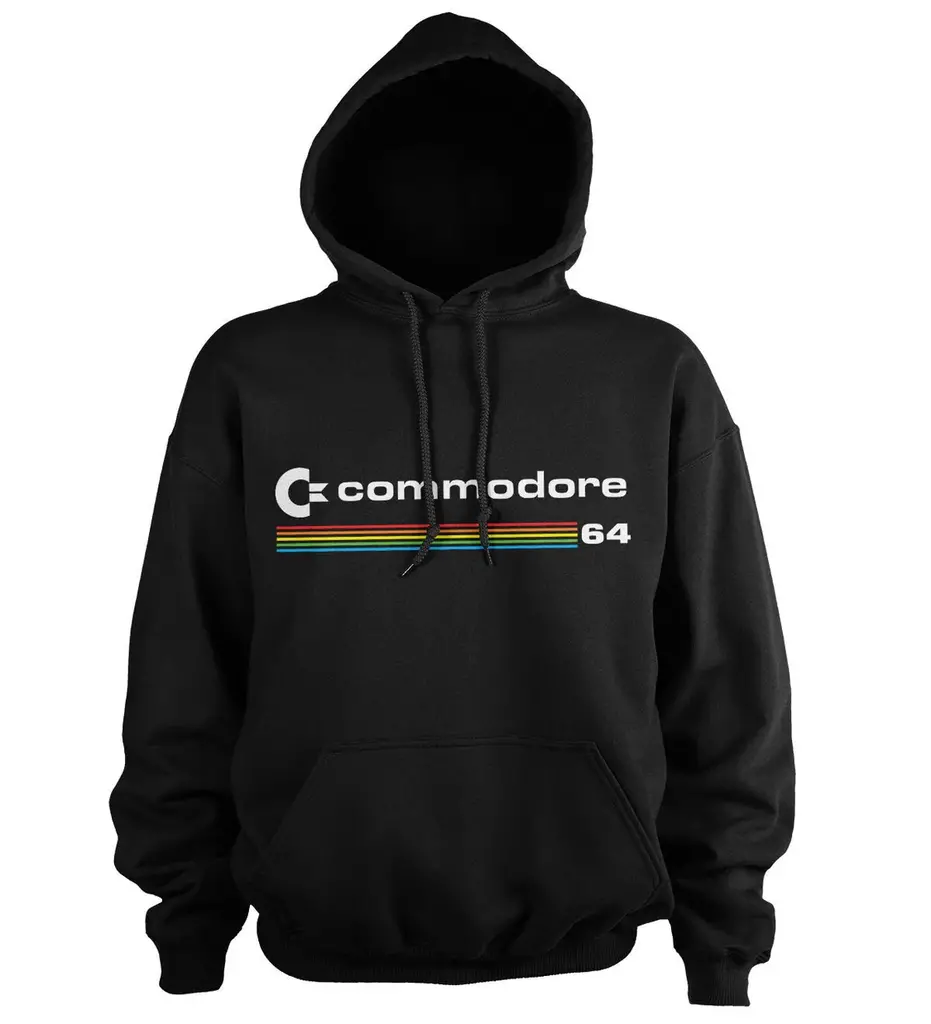 Musta huppari, jonka rinnassa on klassinen Commodore-logo ja edessä suuri kengurutasku.