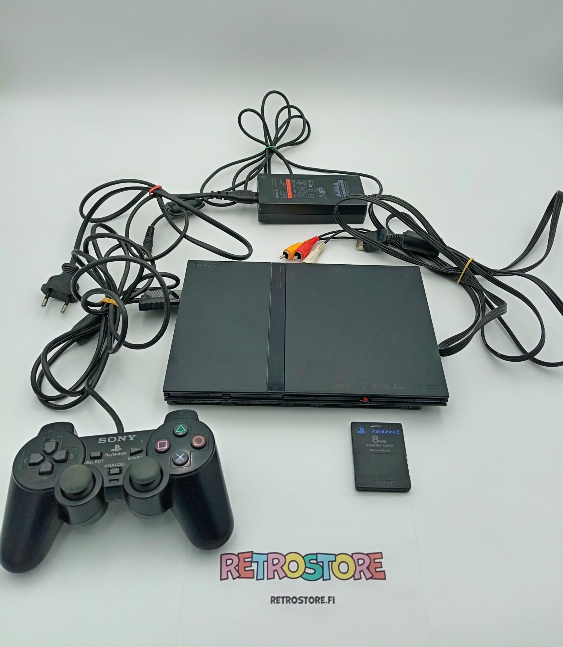 playstation 2 slim konsoli, ohjain, johdot ja muistikortti