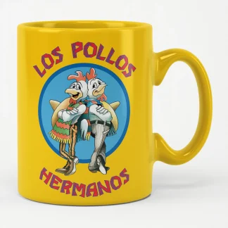 Keltainen Breaking Bad Los Pollos Hermanos -muki valkoisella taustalla