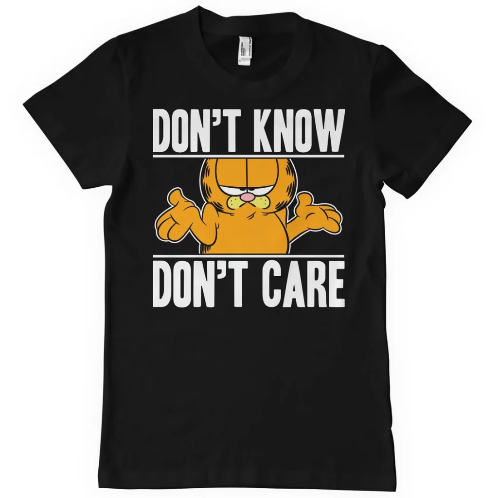 Garfield Don't Know Don't Care -t-paita valkoisella taustalla