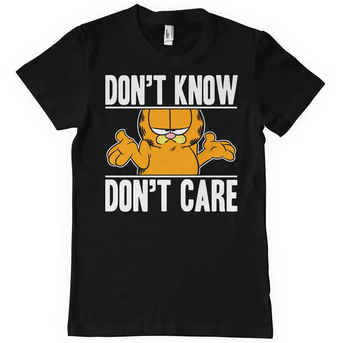 Garfield Don't Know Don't Care -t-paita valkoisella taustalla